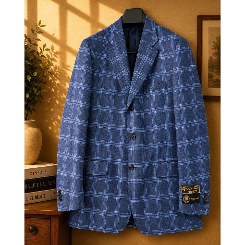 J Press Loro Piana Blazer Mens 43R Blue Plaid Presidential Silk Cashmere NWT